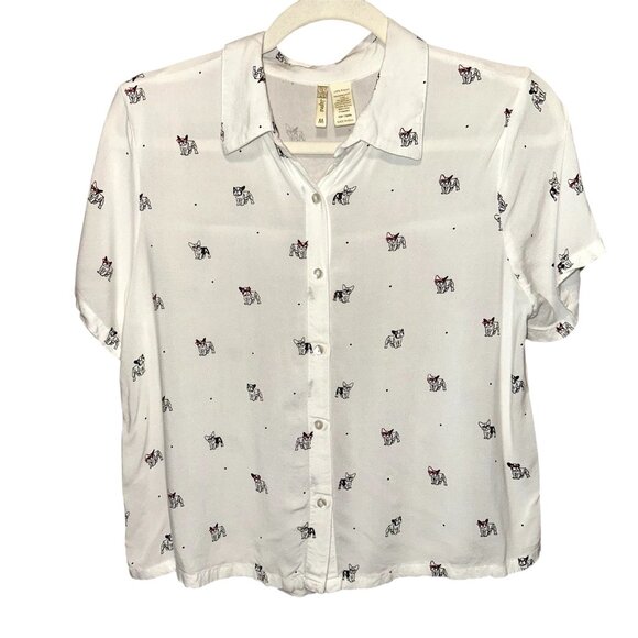French Bulldog Print Rayon Button-Up Shirt M • Dog Lover Cottagecore Whimsical - Picture 1 of 5